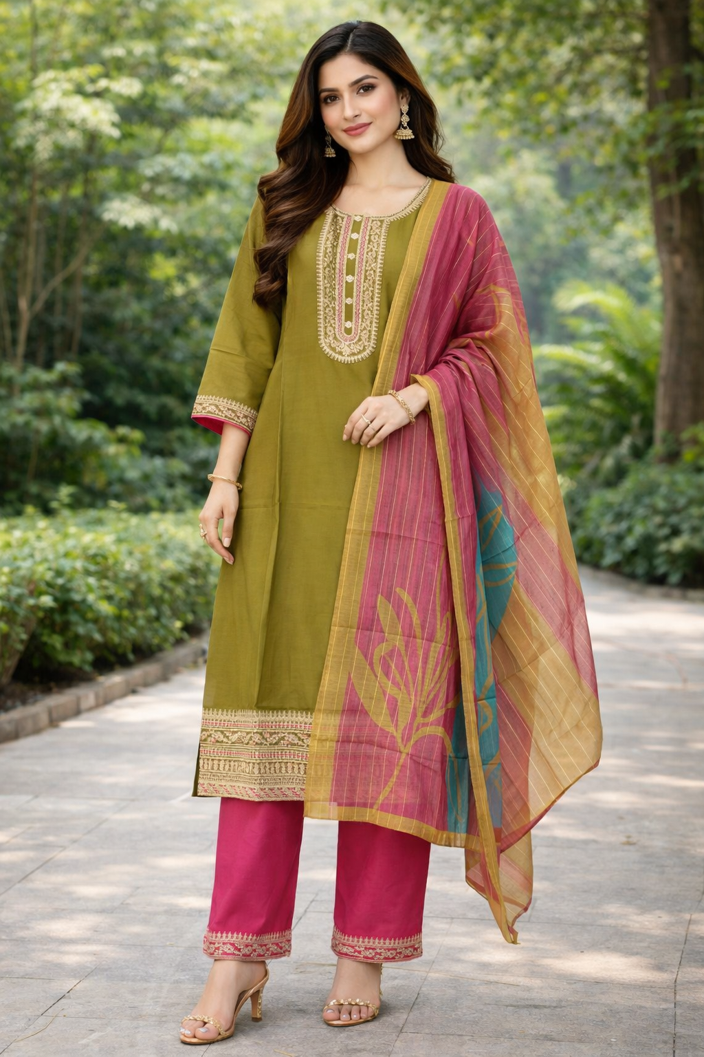 Size-3xl Beautiful Mehandi green color 3 piece suit set