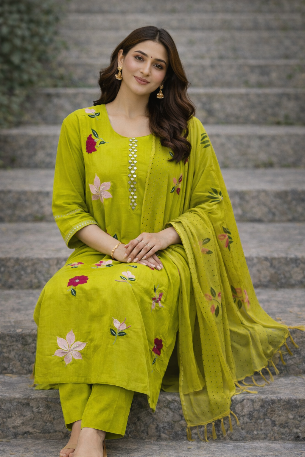 {Size-M} Beautiful lime green color 3 piece suit set