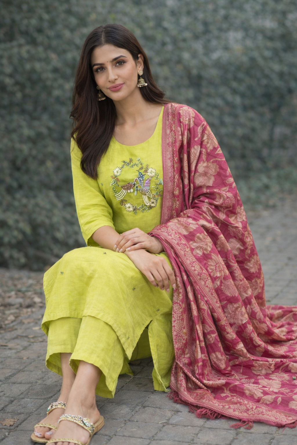 {Size-M}Beautiful lime green color 3 piece suit set