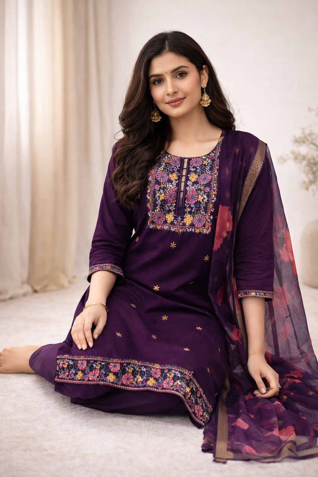 {Size-XXL} Beautiful Dark purple color thread work 3 piece suit