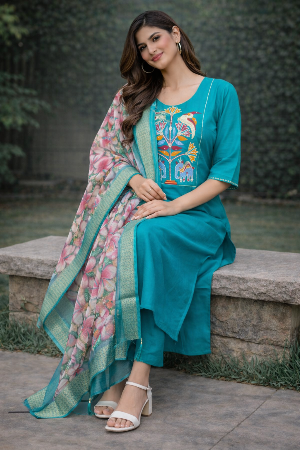 Size-L Graceful 3 piece e suit set in green color