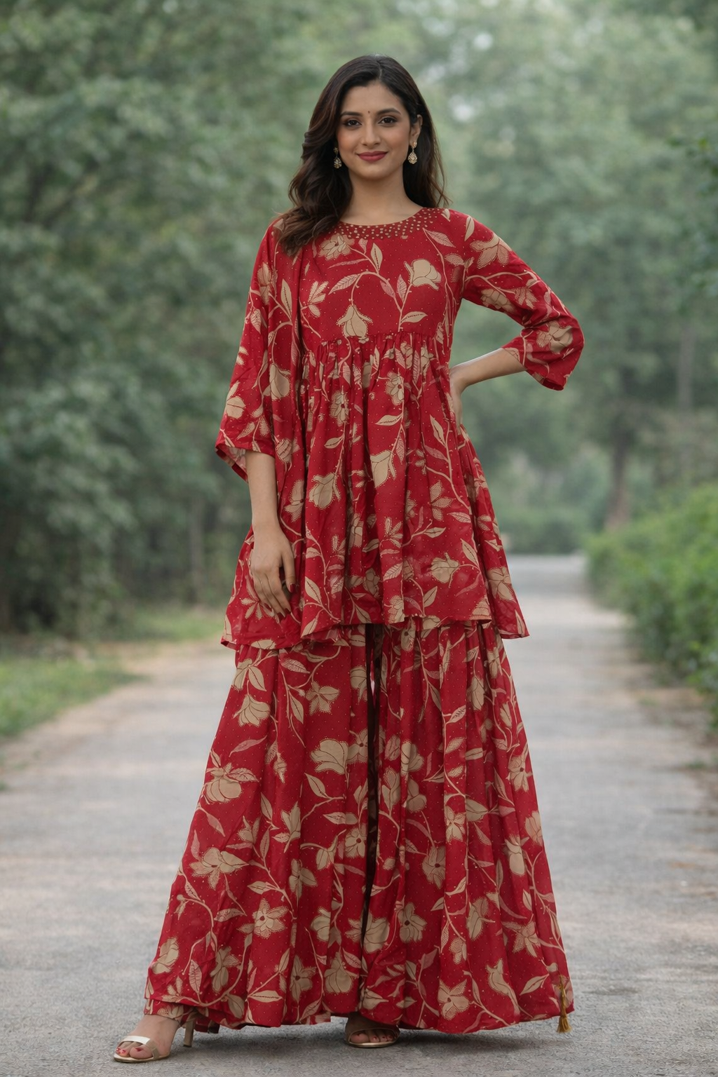Size-XL Trending Red color 3 piece shararah