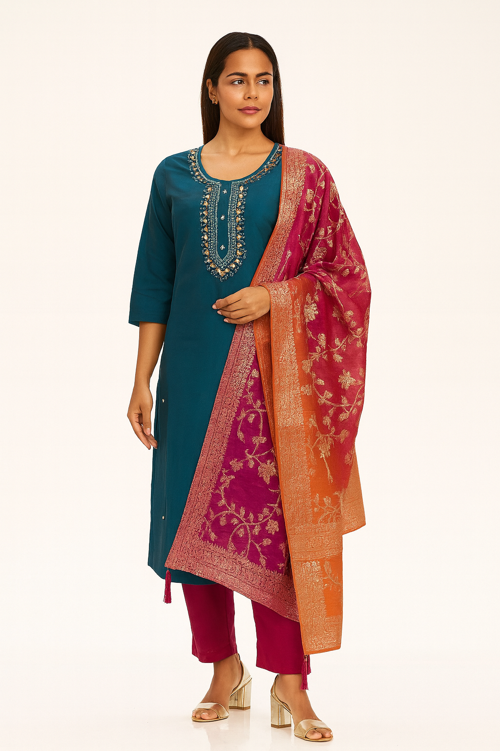 Beautiful Teal blue colour 3 piece set dress