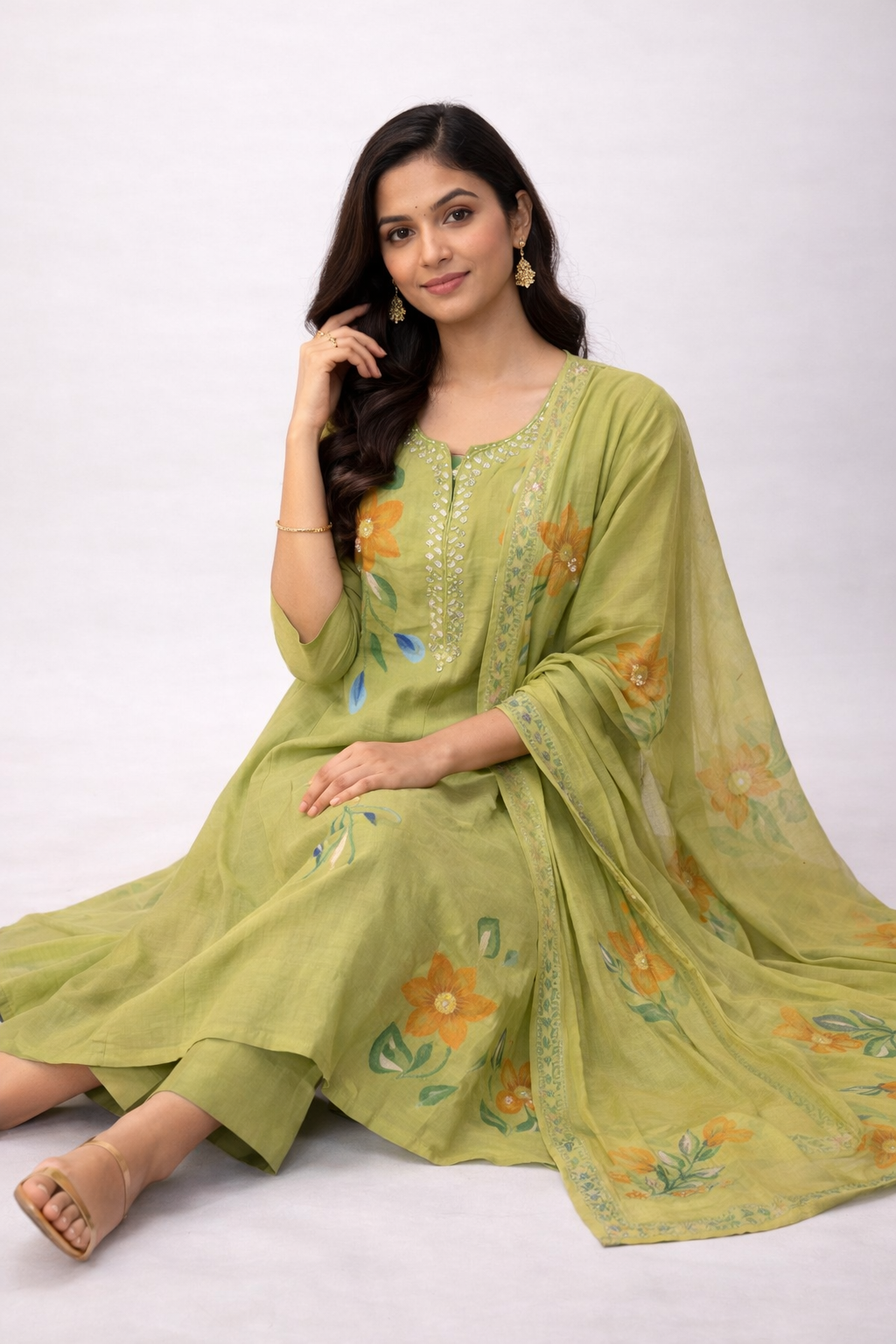 Size-XXL Graceful mirror work and brush paint Parrot green color 3 piece suit set