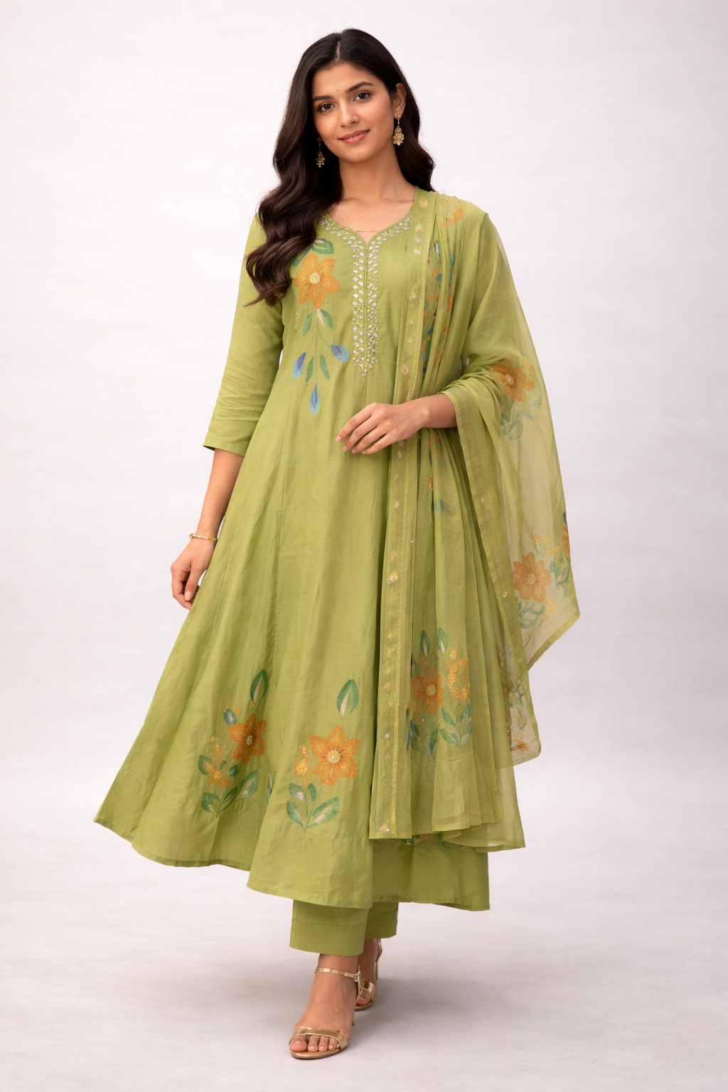 Size-XXL Graceful mirror work and brush paint Parrot green color 3 piece suit set