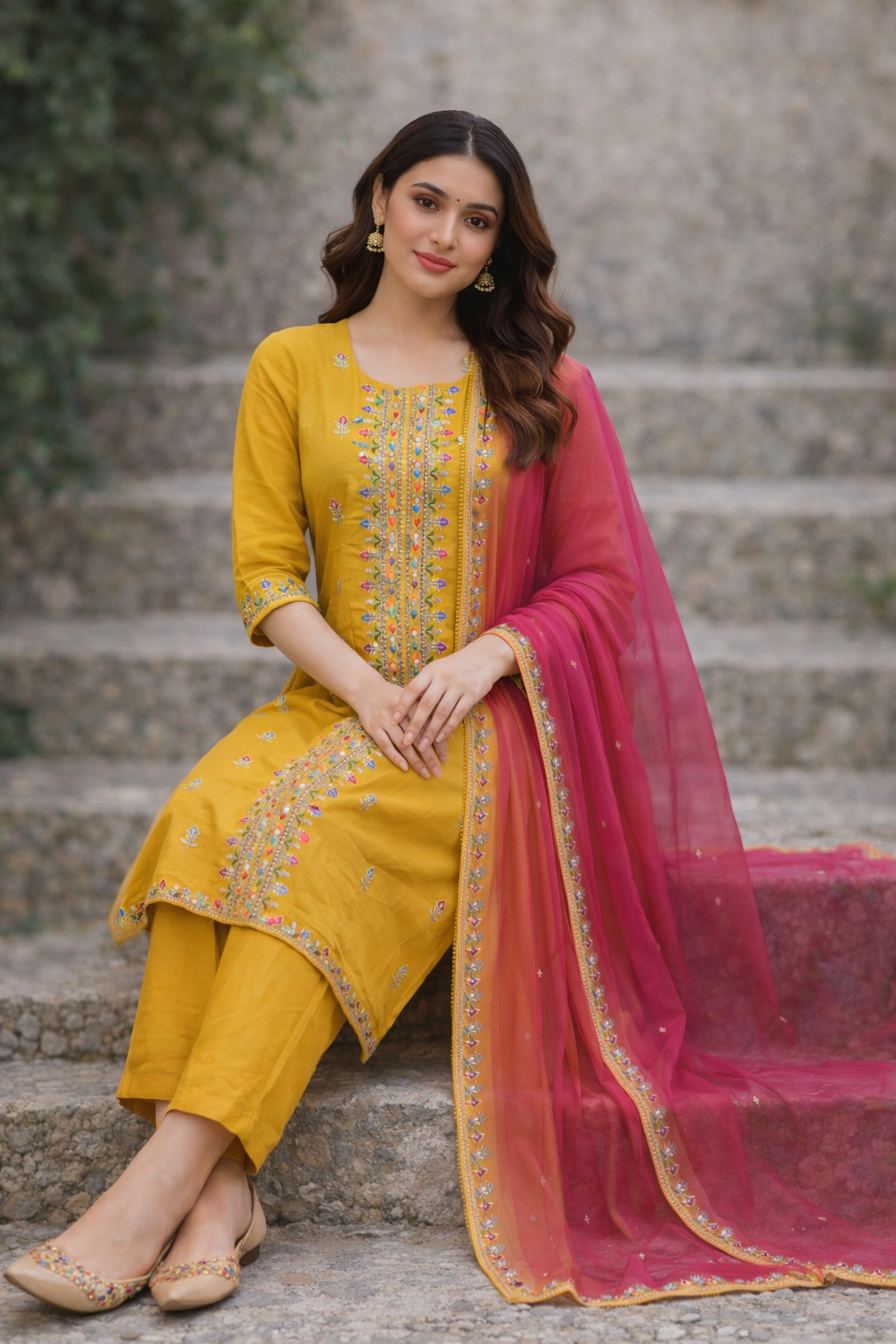 {Size-XXL} Beautiful yellow color thread work 3 piece suit set