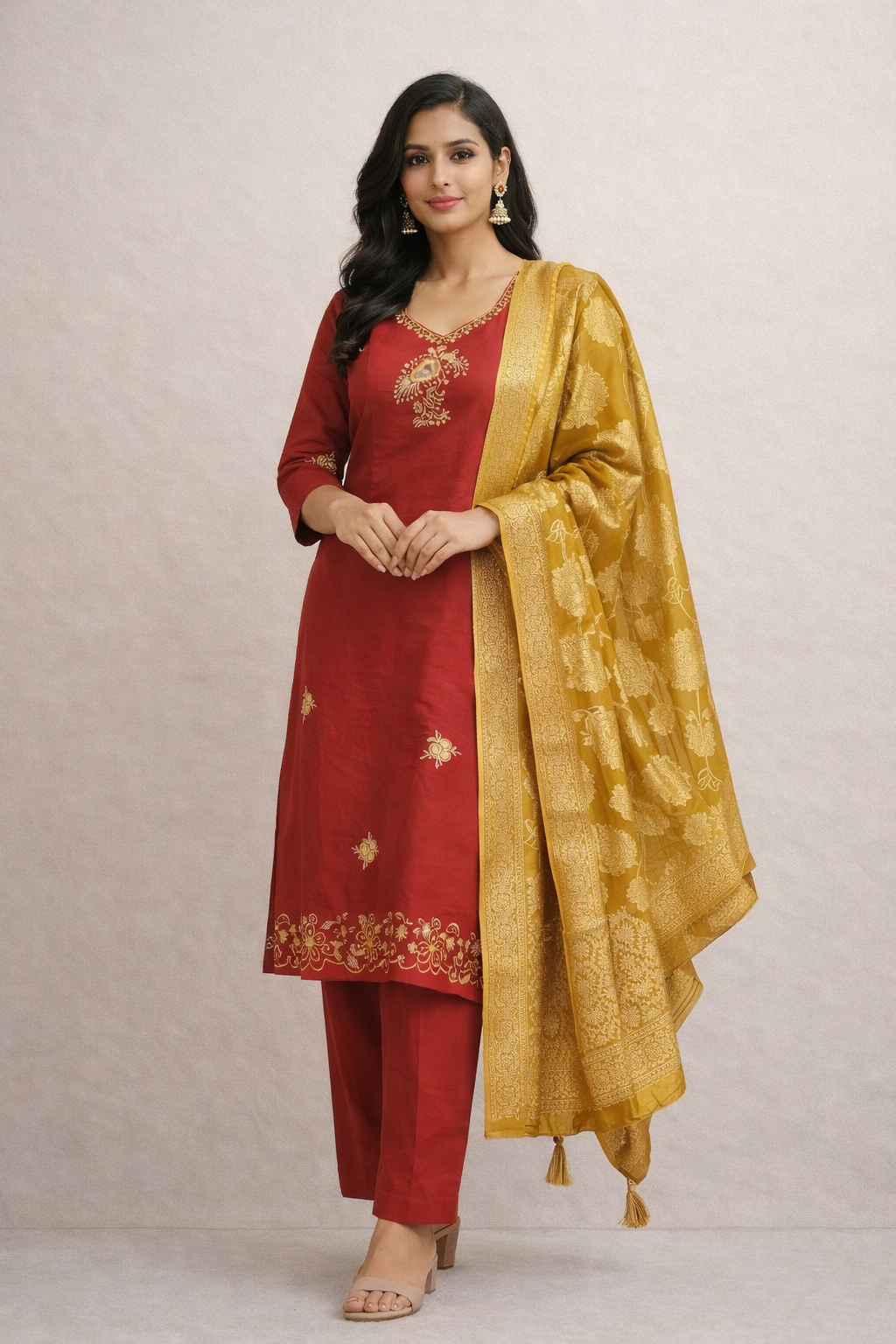 Size-XXL Beautiful party wear dark pink suit set with contrast duppata