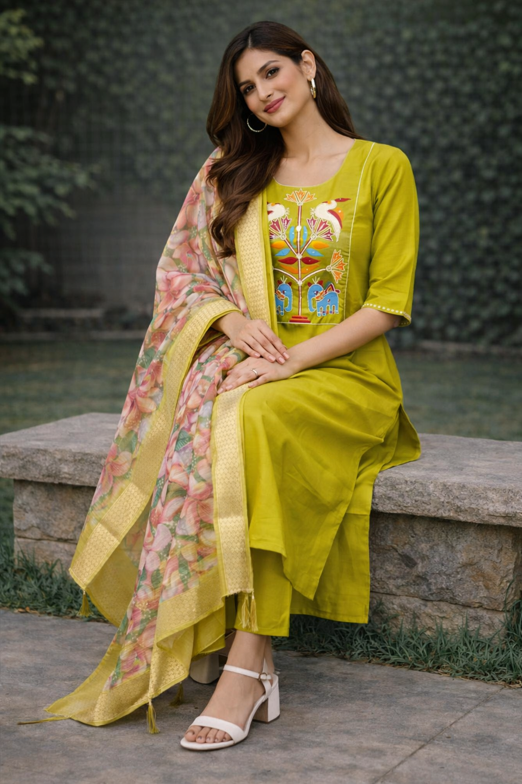 Size-L Graceful 3 piece e suit set in parrot green color