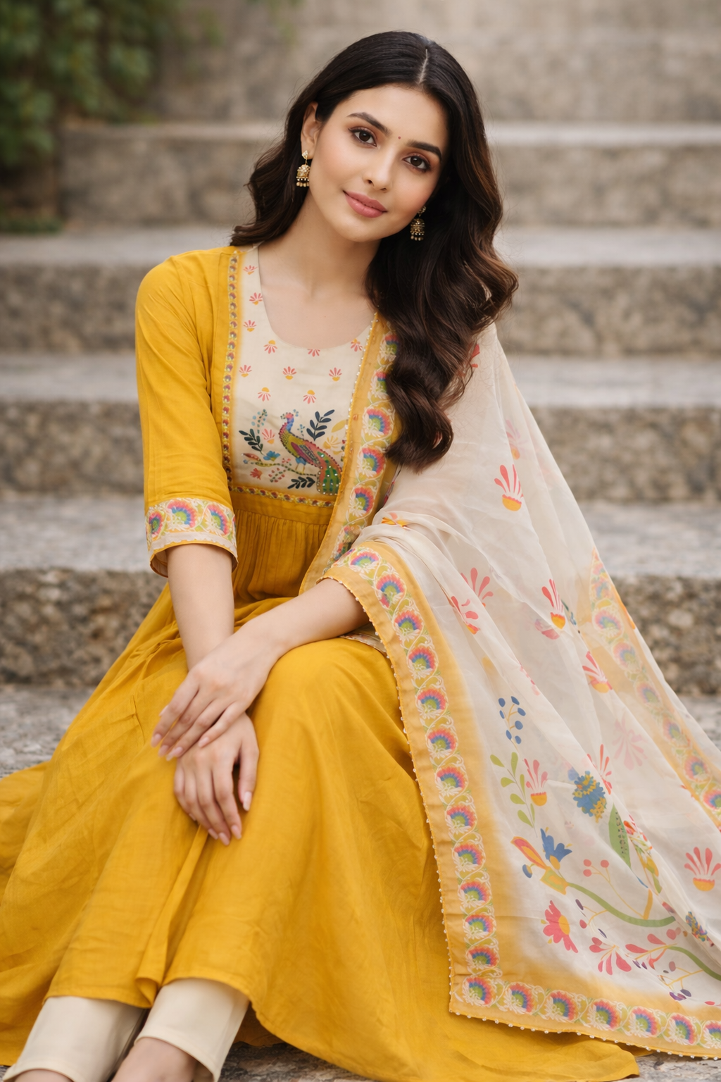 {Size-M} Beautiful Mustard color umbrella cut 3 piece suit set
