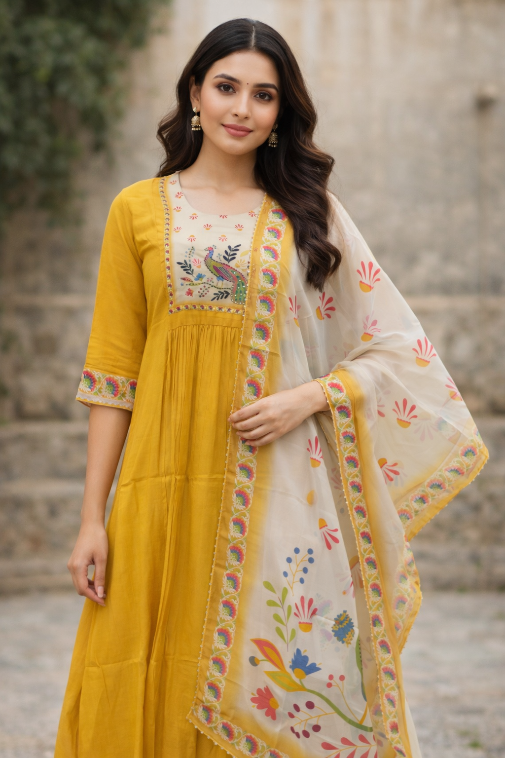 {Size-XL} Beautiful Mustard color umbrella cut 3 piece suit set