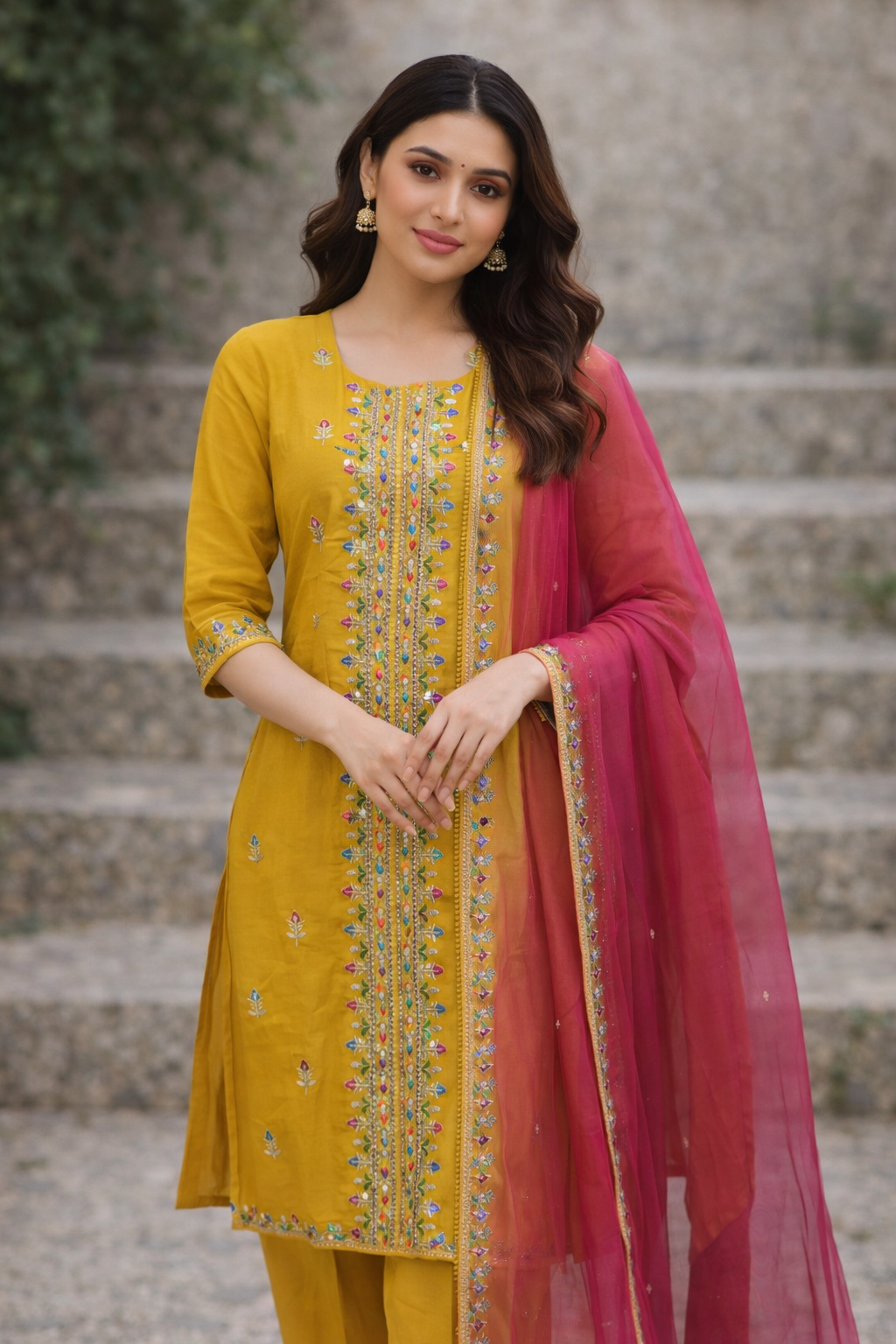 {Size-XXL} Beautiful yellow color thread work 3 piece suit set