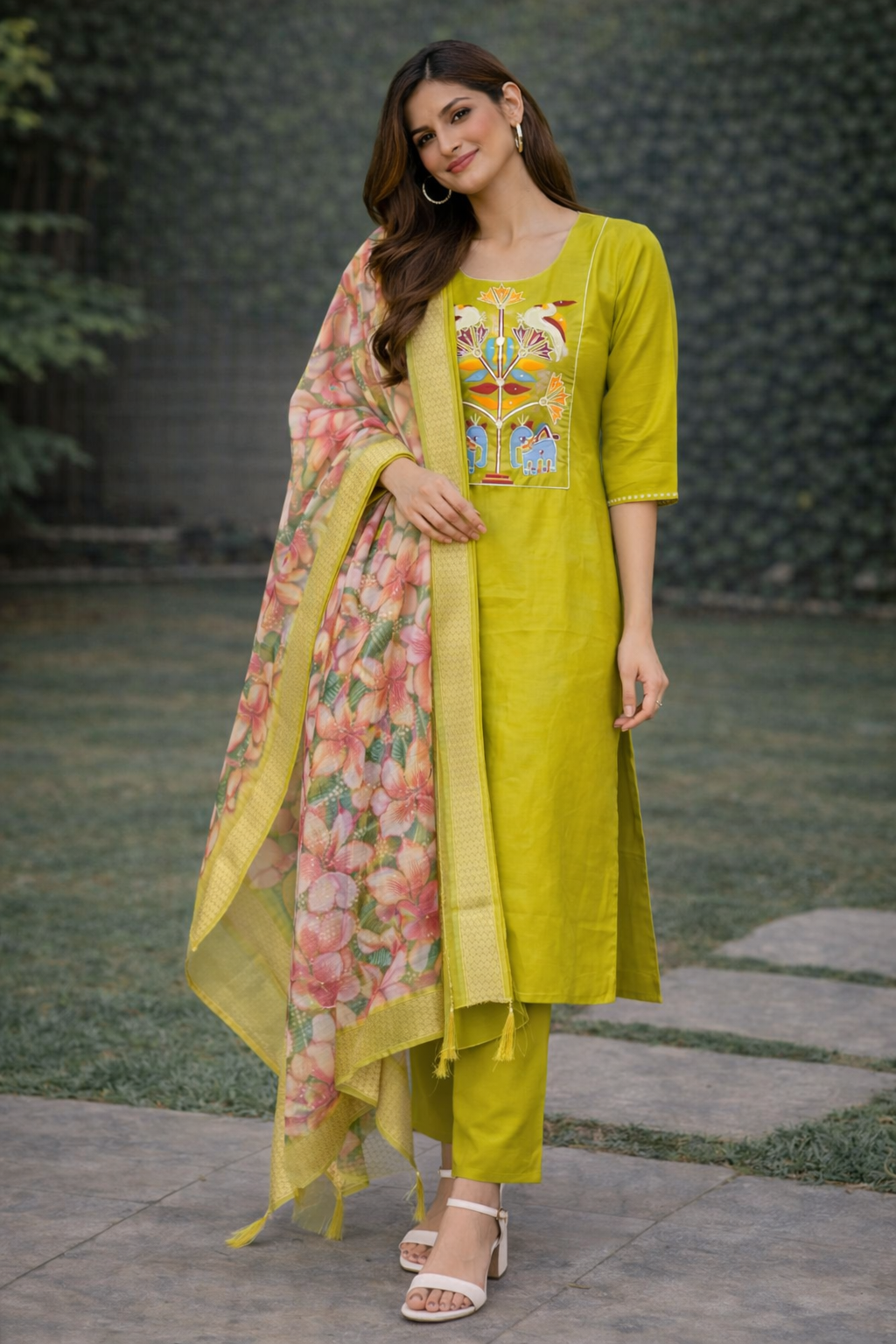 Size-L Graceful 3 piece e suit set in parrot green color