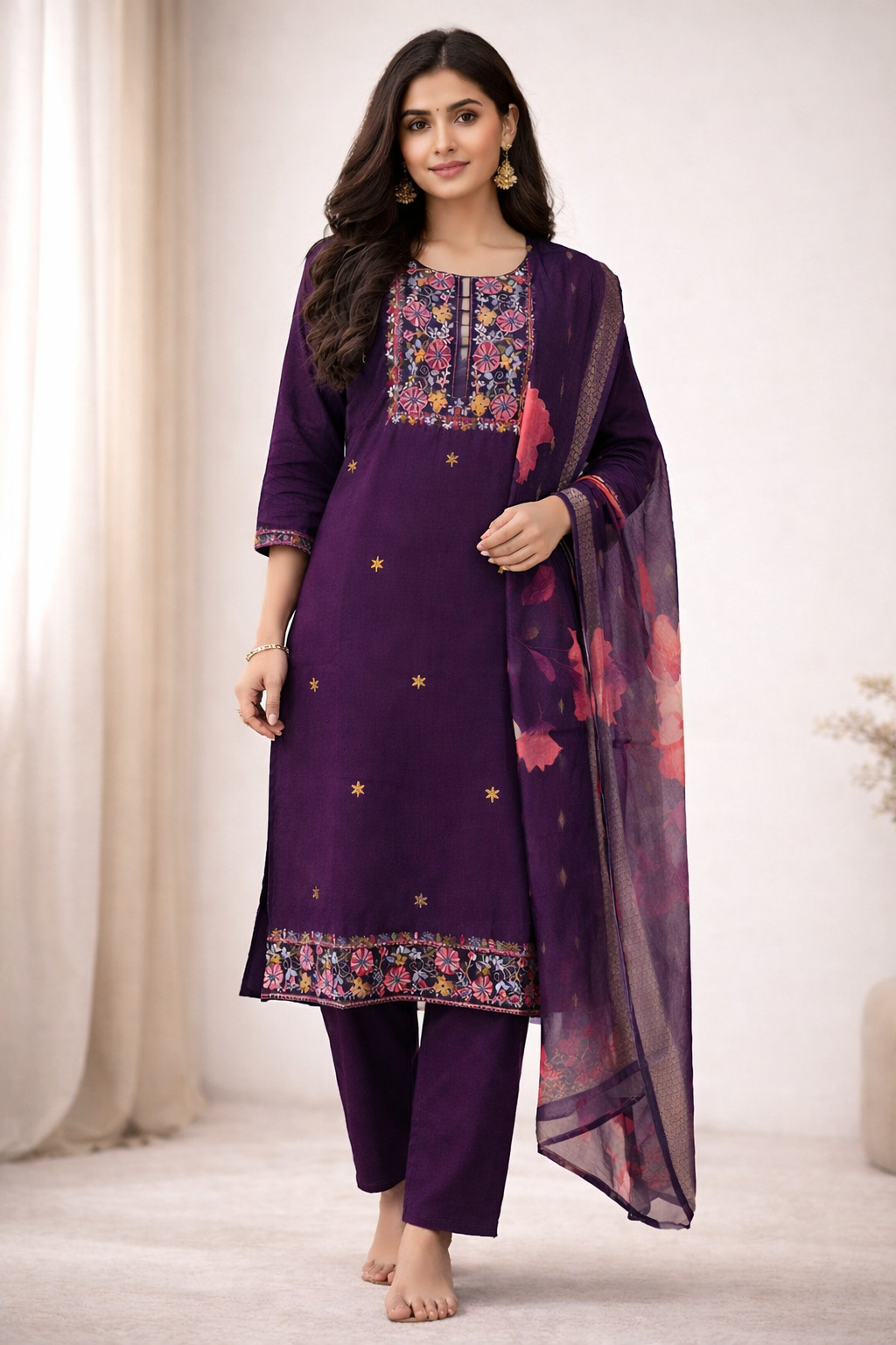 {Size-XXL} Beautiful Dark purple color thread work 3 piece suit