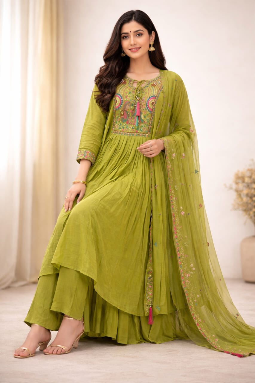 {Size-XXL}Beautiful parrot green color 3 piece umbrella cut suit set