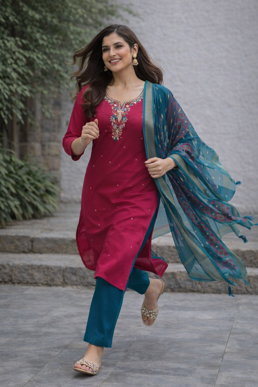 Beautiful Pink colour maggam work 3 piece suit set