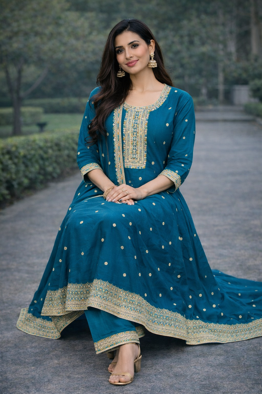 Size-3xl Trending Teal blue anarkali suit set